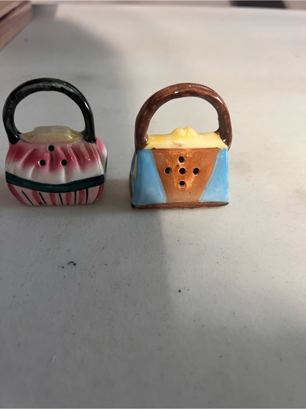 Vintage Ceramic Purse Salt & Pepper Shakers - Blue, Yellow, Brown, Pink